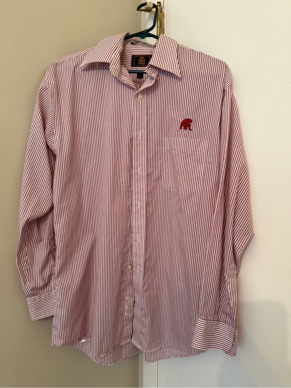 Striped Red Classic Button-Up Shirt with Embroidered Logo